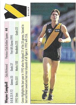 1993 Select AFL #44 Wayne Campbell Back